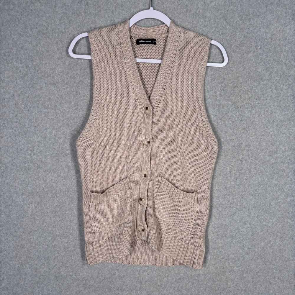 Olivaceous Button Sweater Vest Cardigan‎ Large Tan Neutral Quiet Luxury Minimal